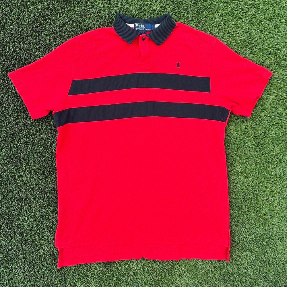 Ralph Lauren Rugby Short Sleeve Polo Shirt Men's L Red Navy Striped Classic Fit